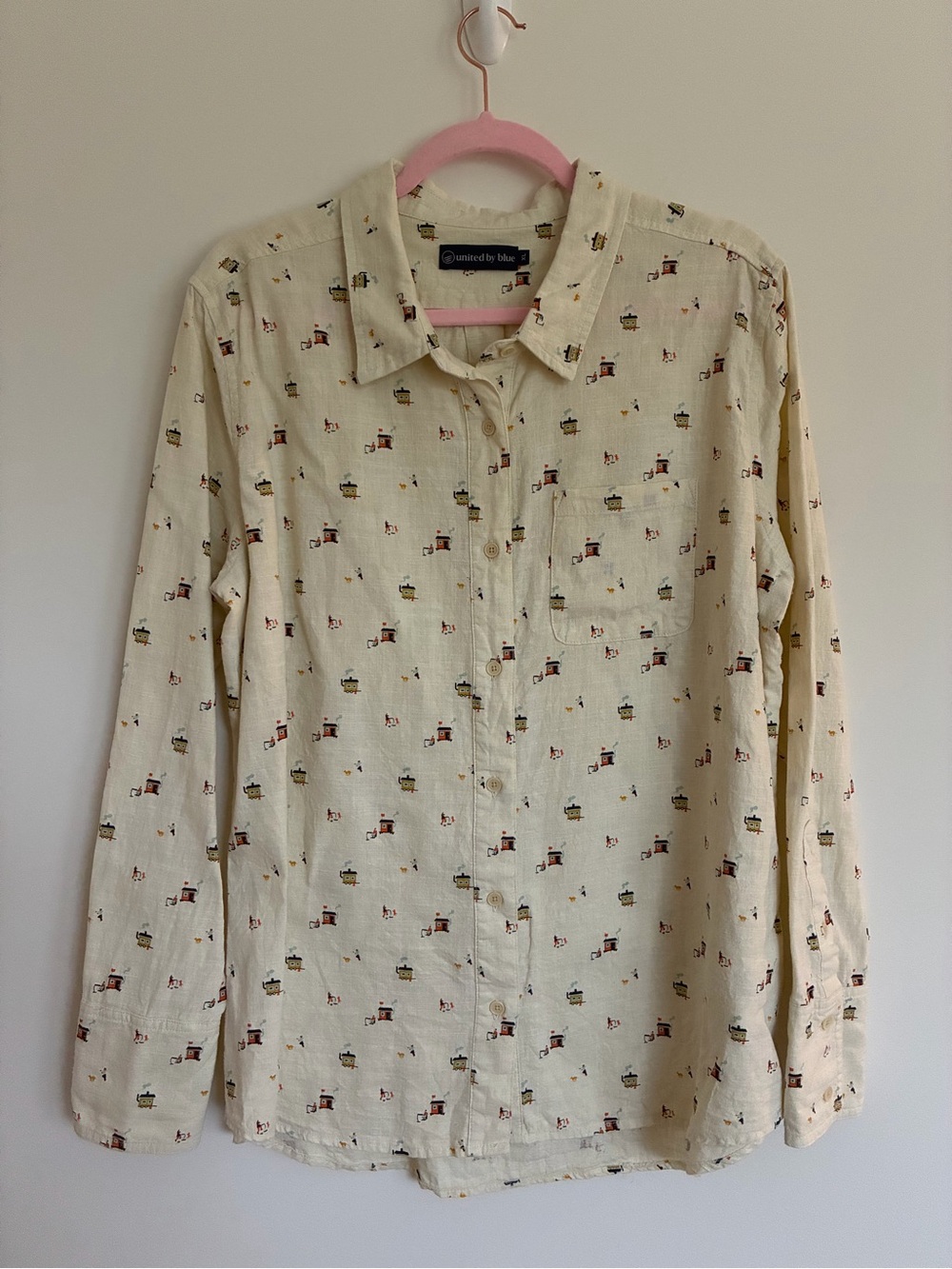 United by Blue Hemp Cotton tiny house printed button front shirt size xl